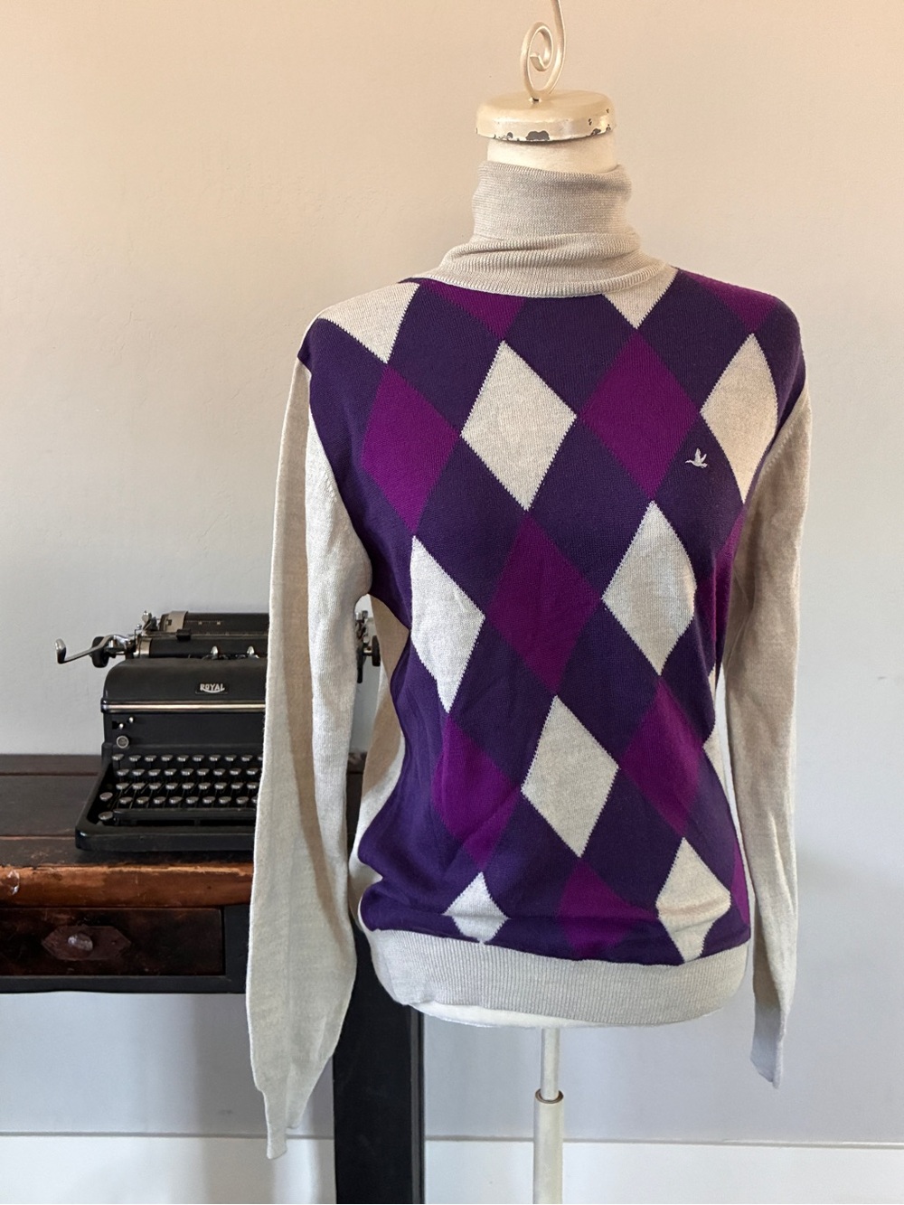 Brooksfield 100% Wool Argyle Turtleneck Sweater – Size 48 (US Size Medium)